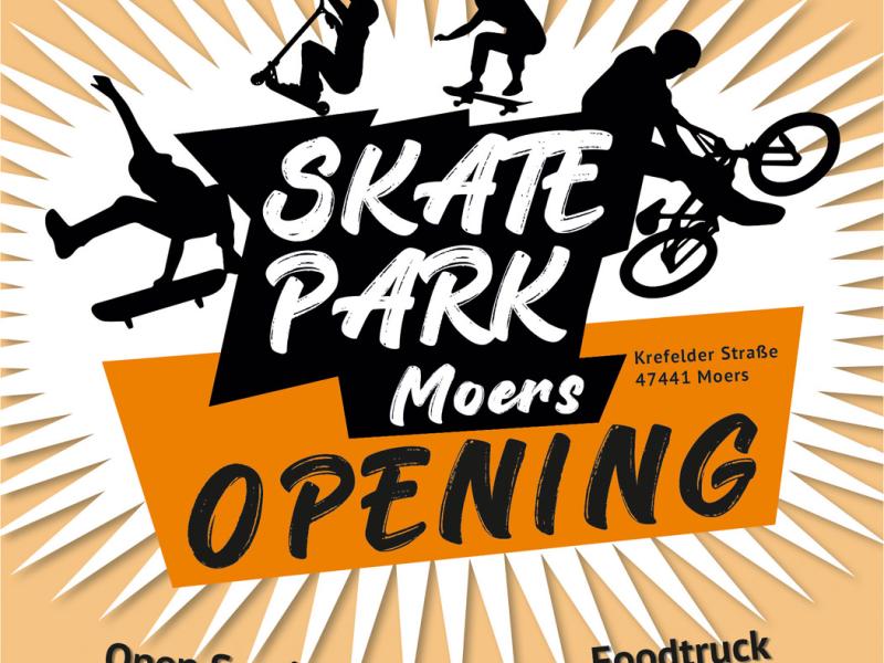 Plakat mit Personen die Skaten und dem Text: Skate Park Moers Opening.