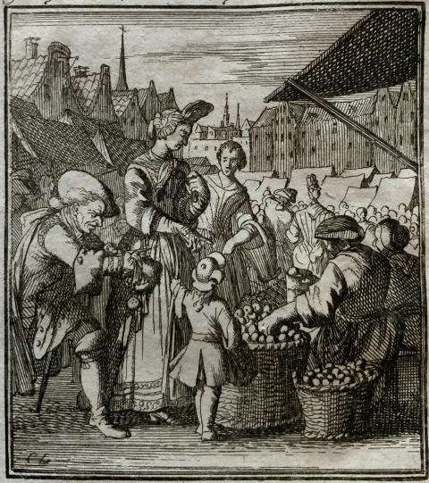 Der Beutelschneider: Taschendiebstahl auf dem Marktplatz, Kupferstich, um 1720.