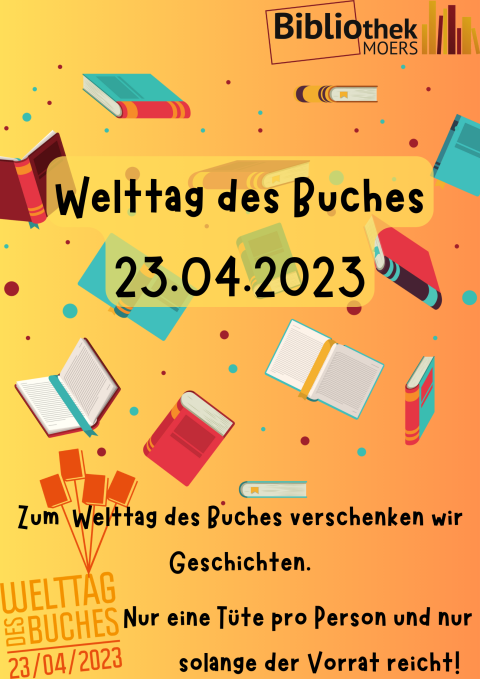 Gezeichnetes Plakat mit Büchern und Text "Welttag des Buches, 23.04.2023"