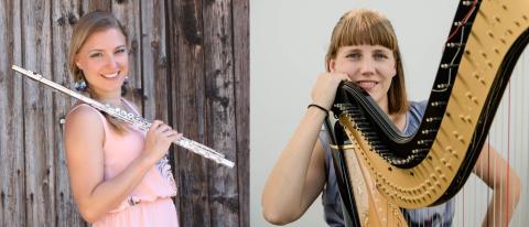 Bilder von zwei Frauen, während eine Frau eine Harfe und die andere eine Flöte hält.