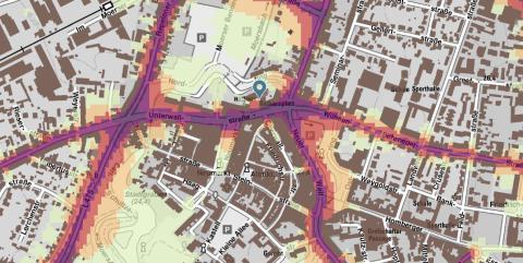 Umgebungslärmkarte Ausschnitt Rathausplatz in Moers
